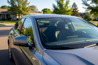Clear vehicle windscreen and glass on a real car after professional glass cleaning