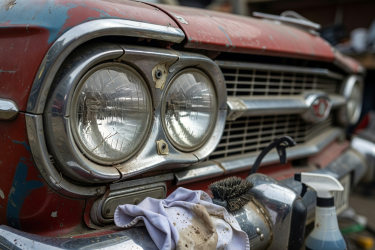 Close view of real car headlights on a vehicle prepared for restoration and cleaning