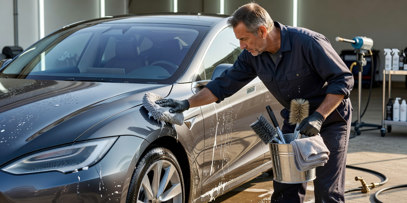 Professional cleaning an actual vehicle exterior with wash mitt and detailing tools