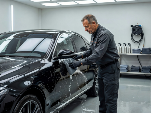 Professional detailing technician washing a real car exterior in a clean workshop setting