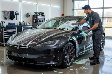Professional washing and exterior detailing of a real car at a detailing facility