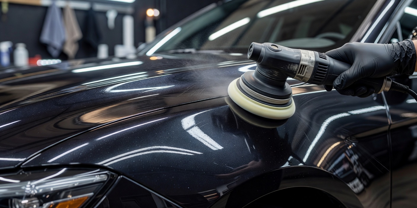 Real close-up photograph of vehicle paint being professionally polished with a machine polisher