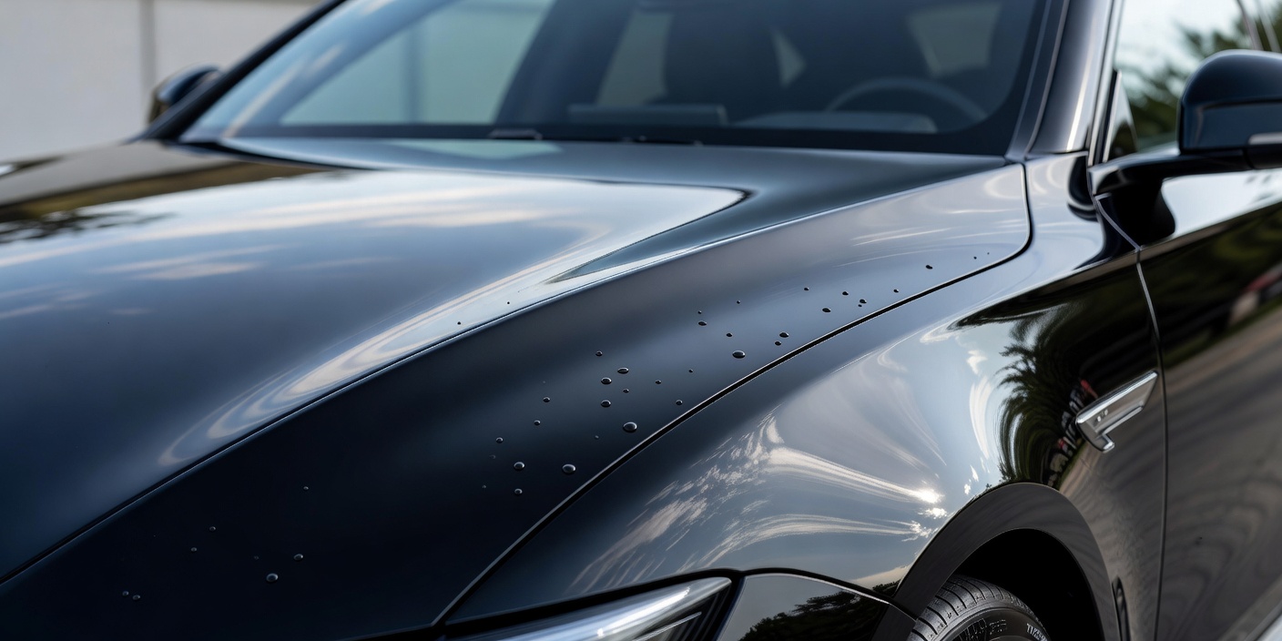 Real photograph of a glossy car exterior paint surface associated with ceramic coating finish care