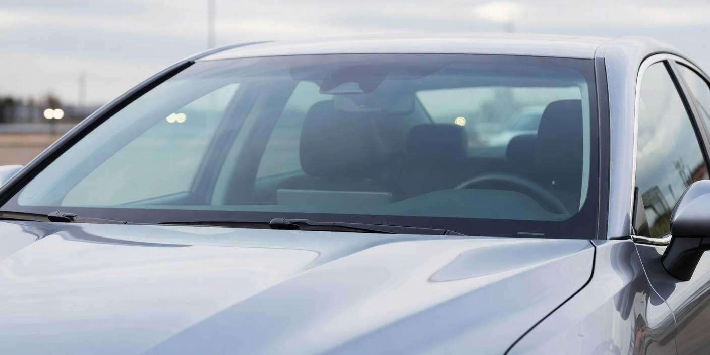 Real photograph of a technician-level clean vehicle windscreen and exterior glass on a car