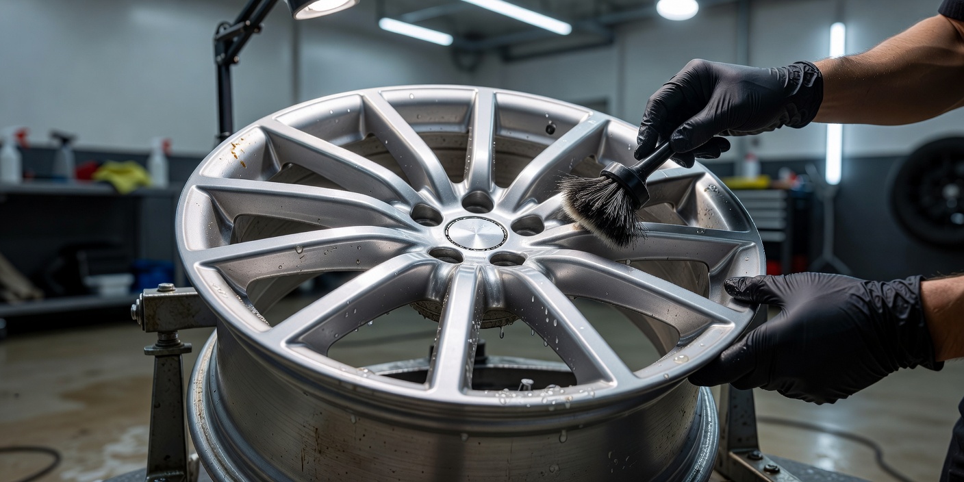 Real photograph of alloy wheels being professionally cleaned during wheel and rim detailing