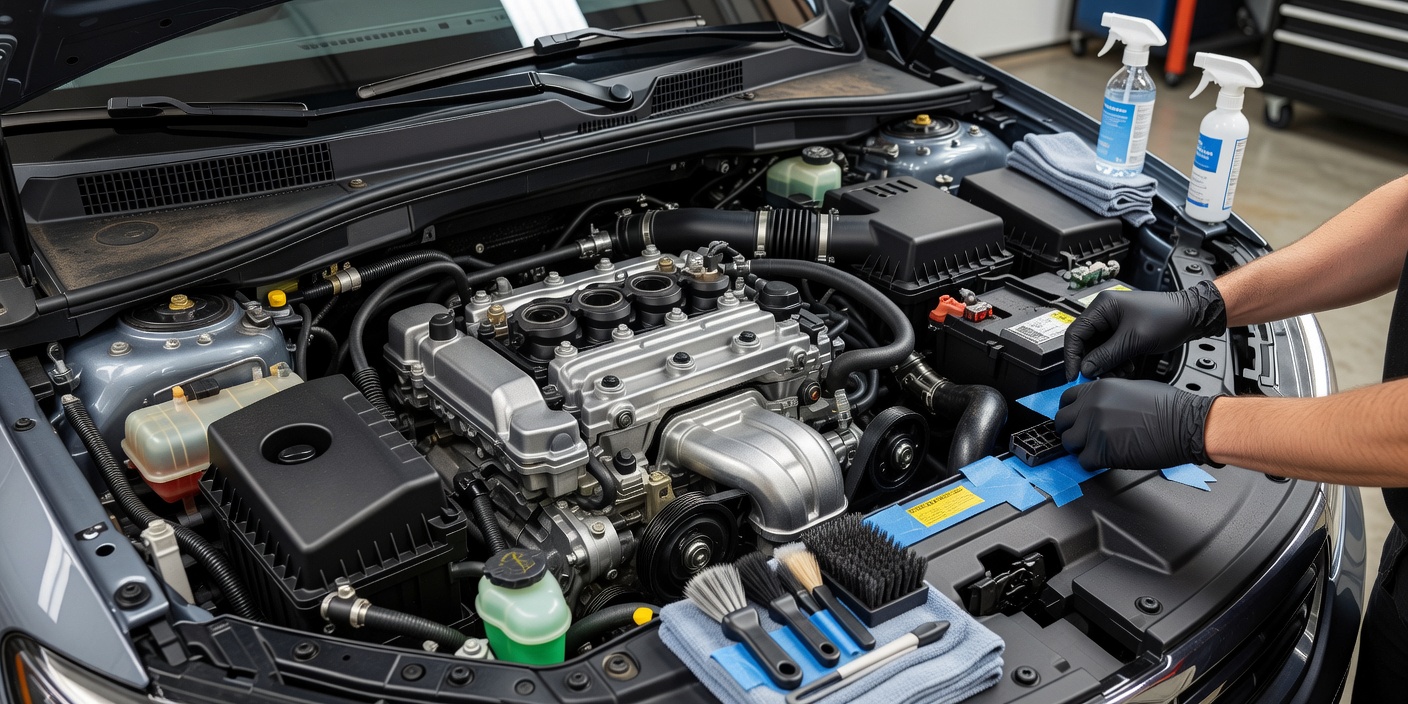 Real photograph of an engine bay being prepared for professional careful cleaning