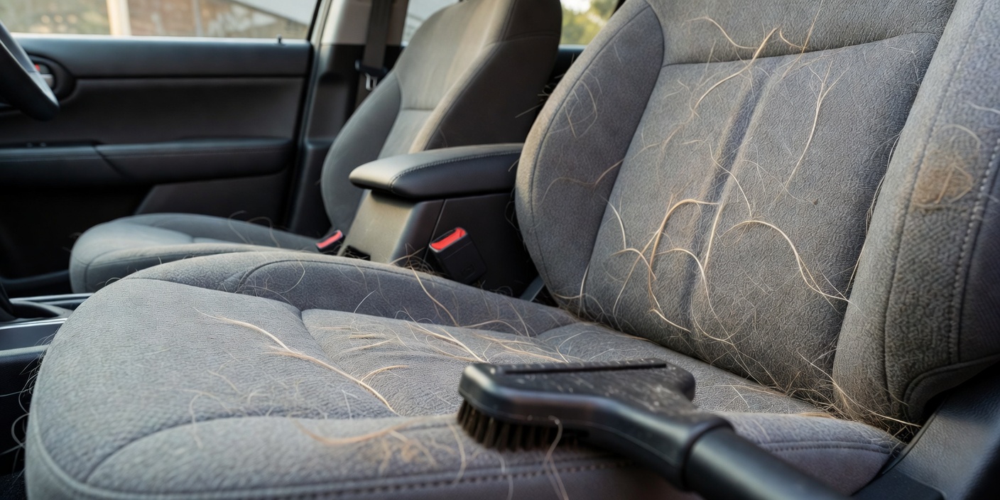 Real photograph of fabric vehicle upholstery and interior where embedded pet hair is commonly removed