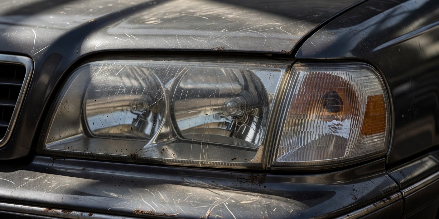 Realistic close-up of real car headlights suitable for professional restoration and cleaning