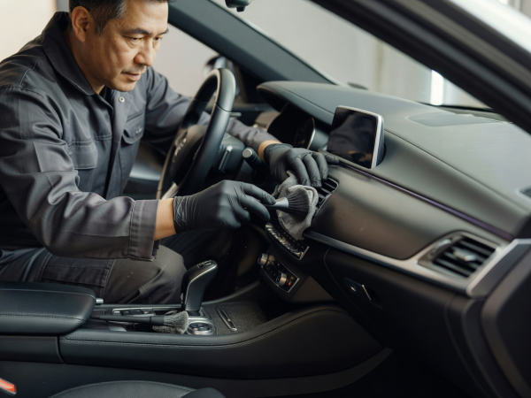 Technician carefully cleaning and detailing a real vehicle interior dashboard and surfaces