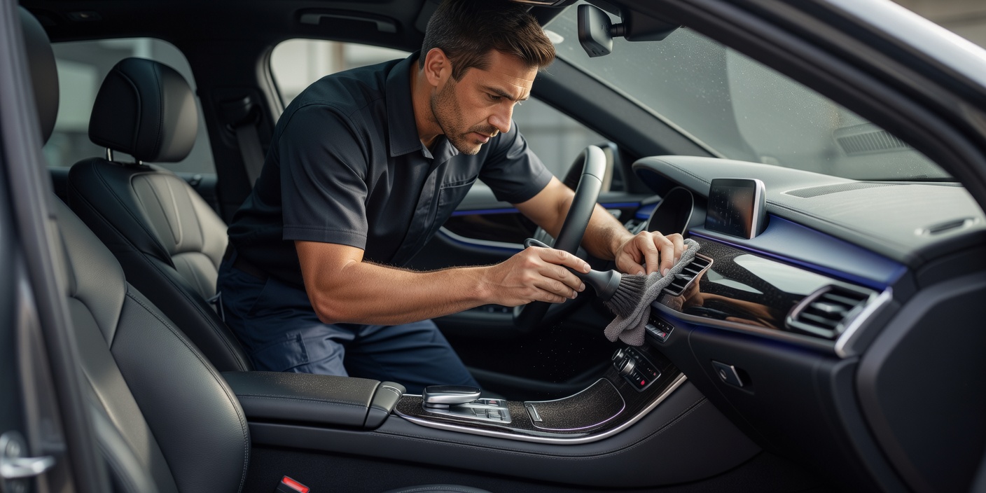Technician cleaning a real vehicle interior dashboard and cabin surfaces with detailing tools